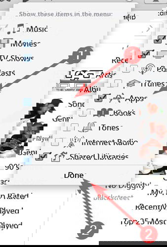 Окно редактирования меню iTunes с отмеченным пунктом Apps
