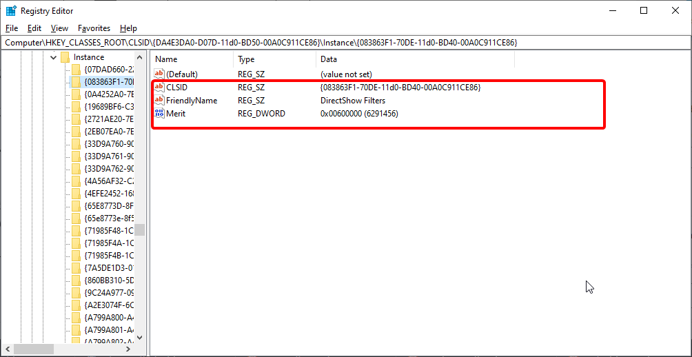 Значения реестра для DirectShow