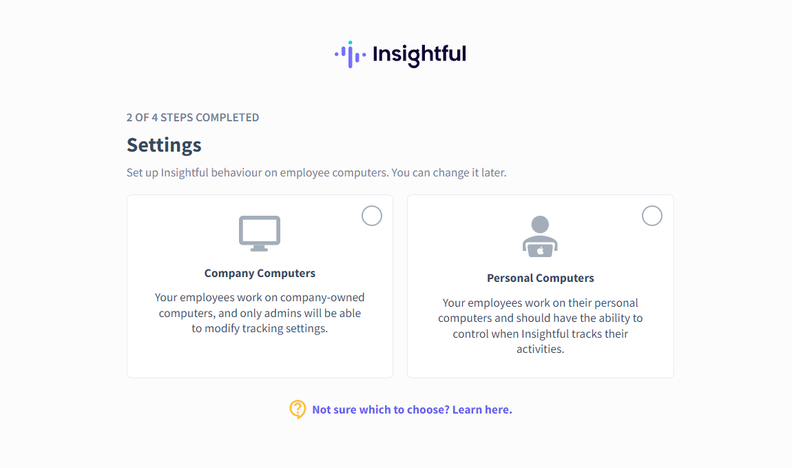 Выбор между корпоративными и личными устройствами в настройках Insightful