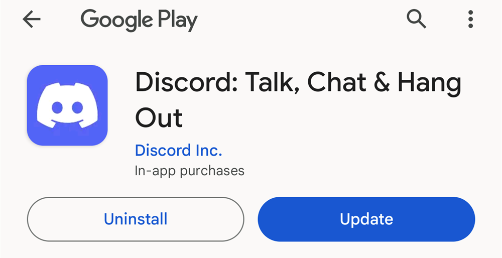 Страница приложения Discord в Google Play с кнопкой обновления.