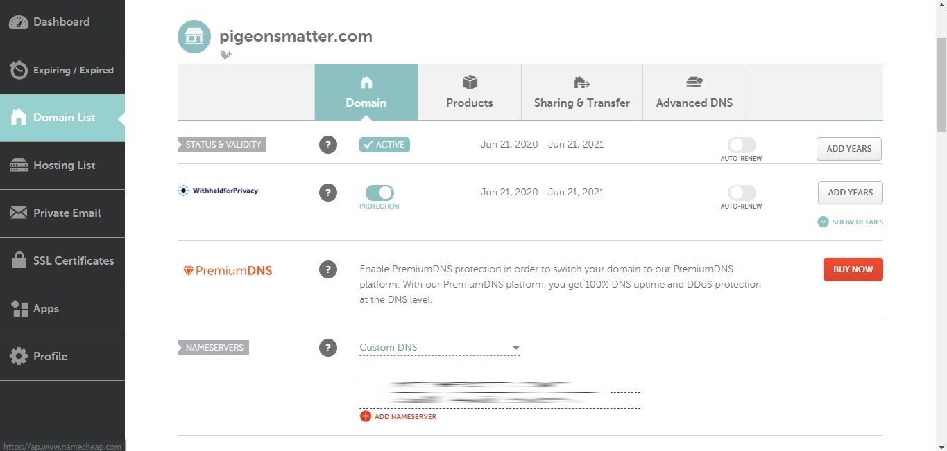 Изменение nameserver в панели Namecheap