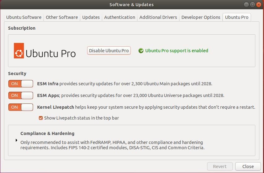 Ubuntu Pro активирован в «Программное обеспечение и обновления»