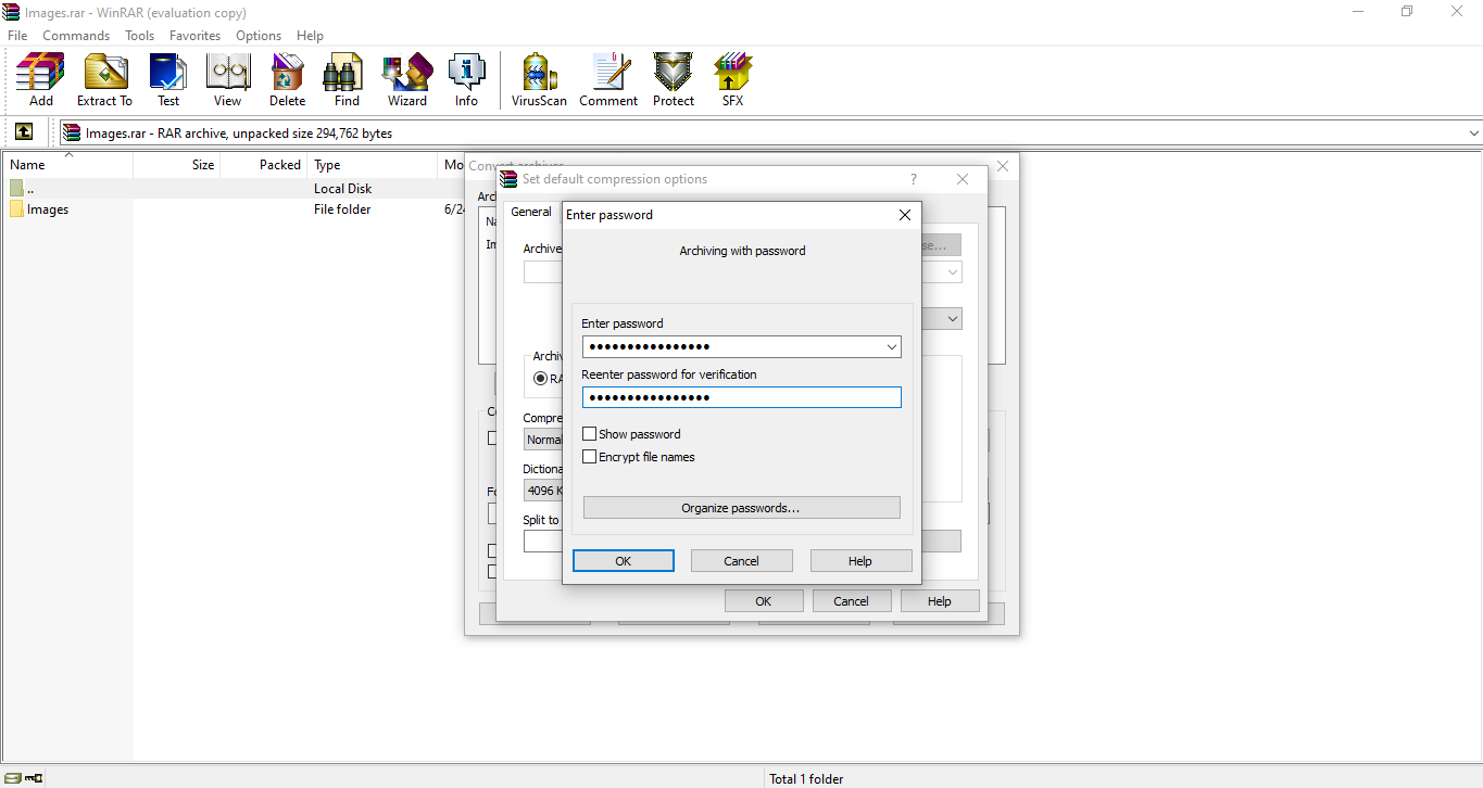 Ввод пароля для параметров сжатия по умолчанию