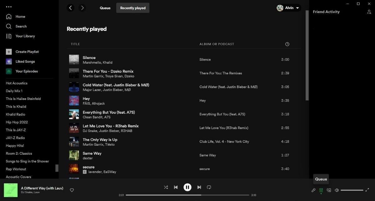 Секция «Недавно прослушанное» в десктоп‑приложении Spotify