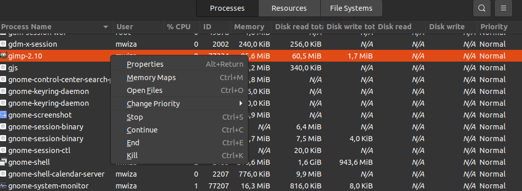 Контекстное меню System Monitor с вариантами управления процессом