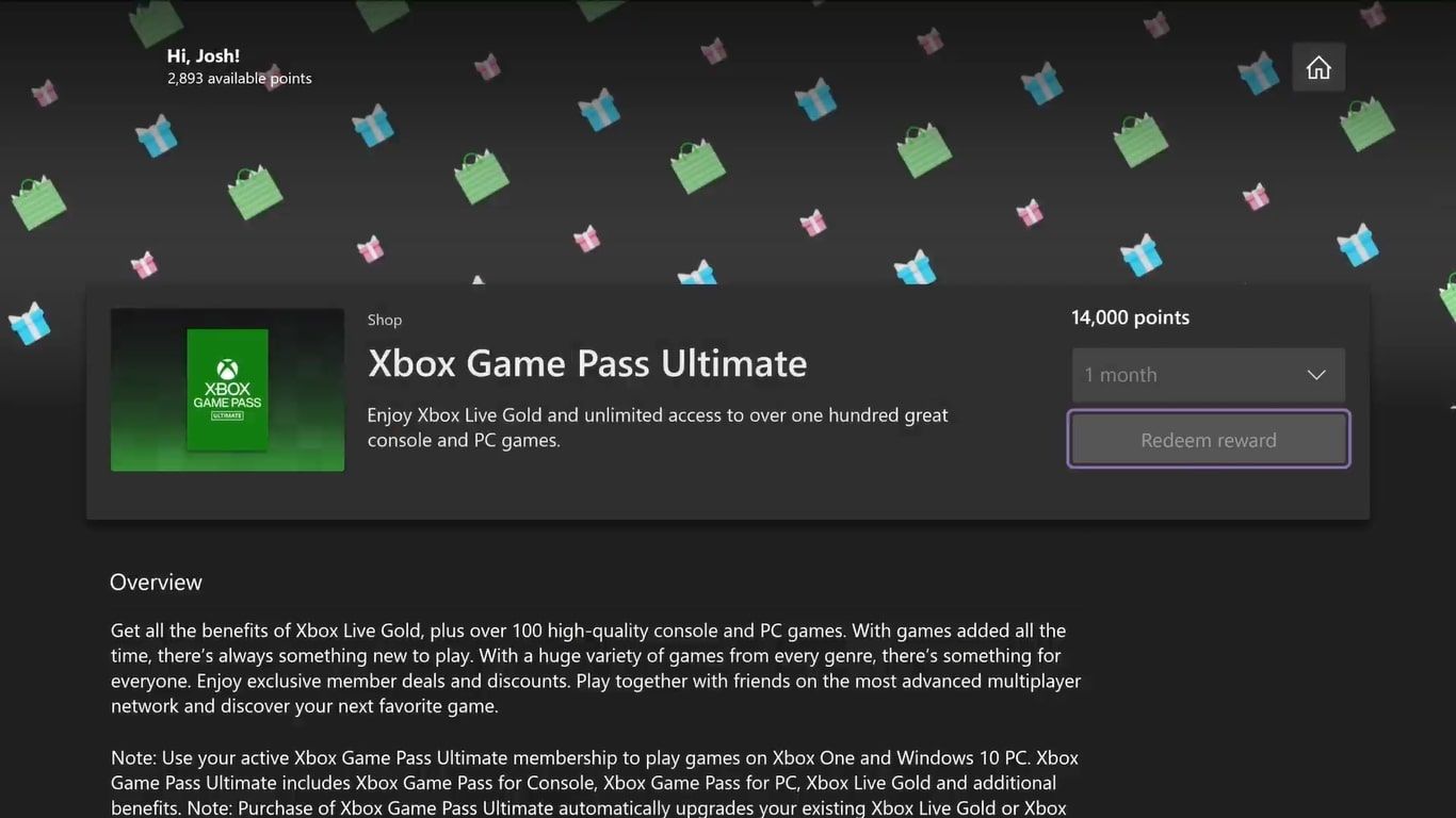 Скриншот вознаграждения Xbox Game Pass Ultimate в приложении Microsoft Rewards on Xbox на Xbox Series X 