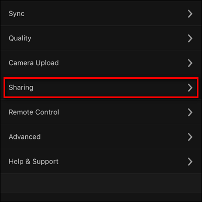 Раздел Sharing в настройках Plex на мобильном устройстве