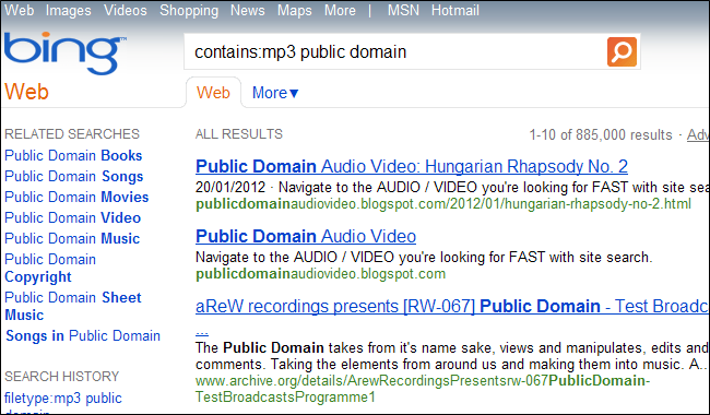 Скриншот: пример запроса contains:mp3 public domain