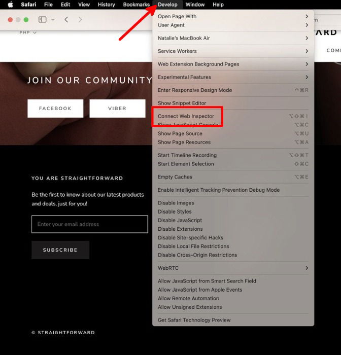 Откройте Web Inspector через меню Разработка