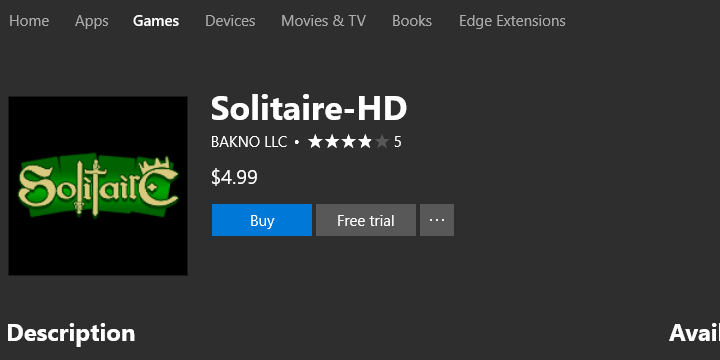 Solitaire-HD в Microsoft Store — значок приложения и пример интерфейса