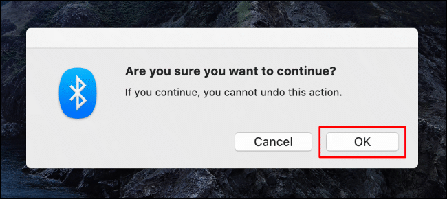 Click OK to begin resetting the Bluetooth module on macOS