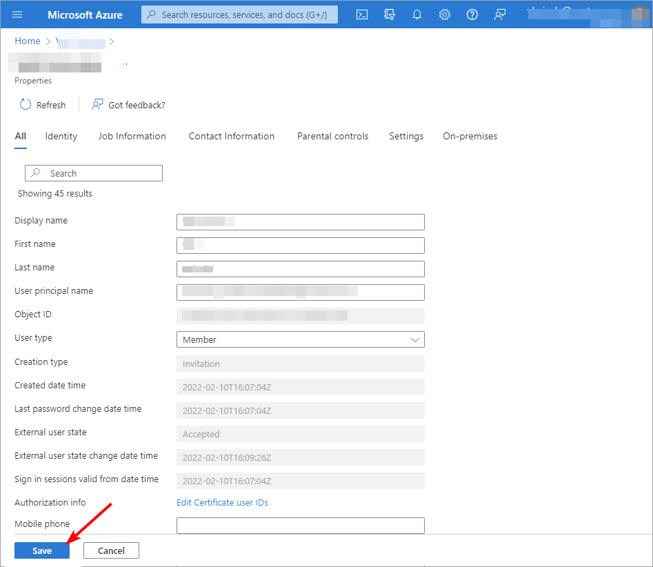 Кнопка Save для сохранения изменений в Azure AD