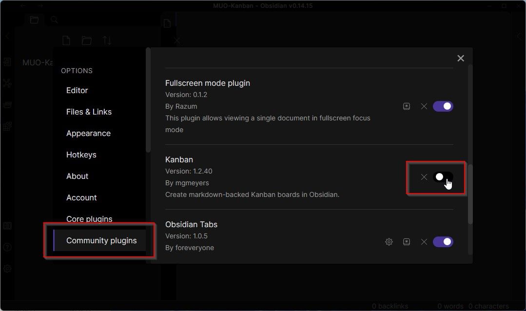 Включение плагина Kanban в Obsidian
