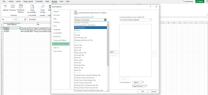 Сменить 'Популярные команды' на 'Все команды' в Панели быстрого доступа