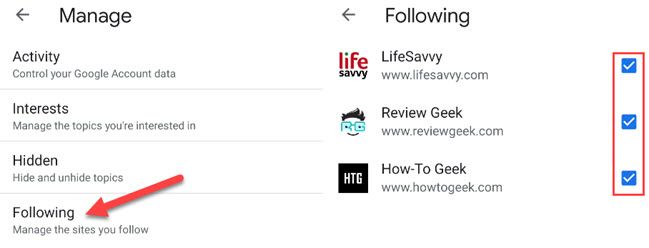 Список подписанных сайтов с опцией для снятия отметки