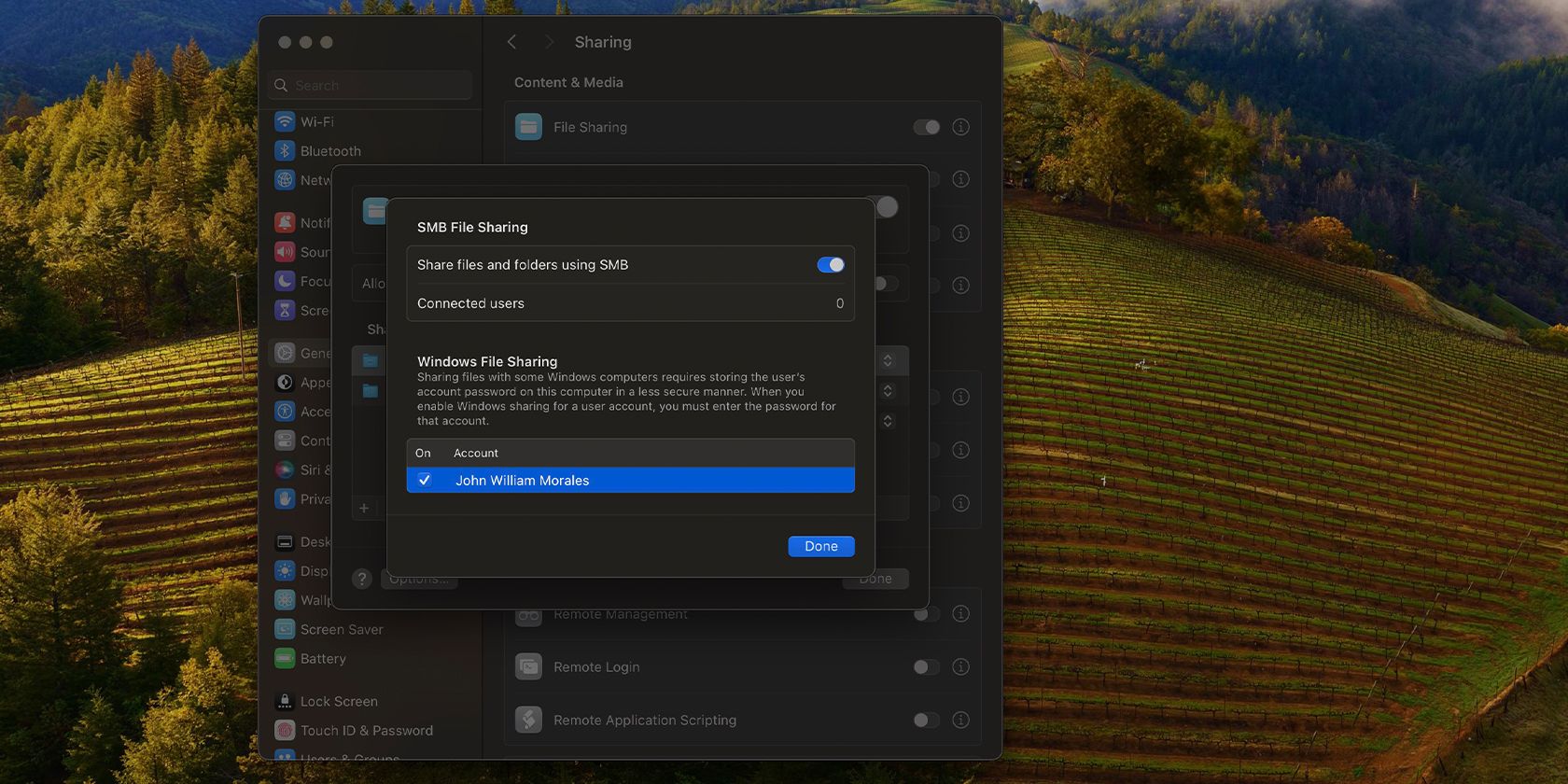 Окно настройки SMB с выбором учётной записи пользователя macOS