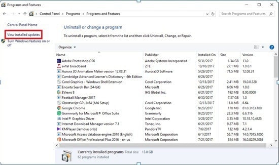 Список установленных обновлений в Windows 7