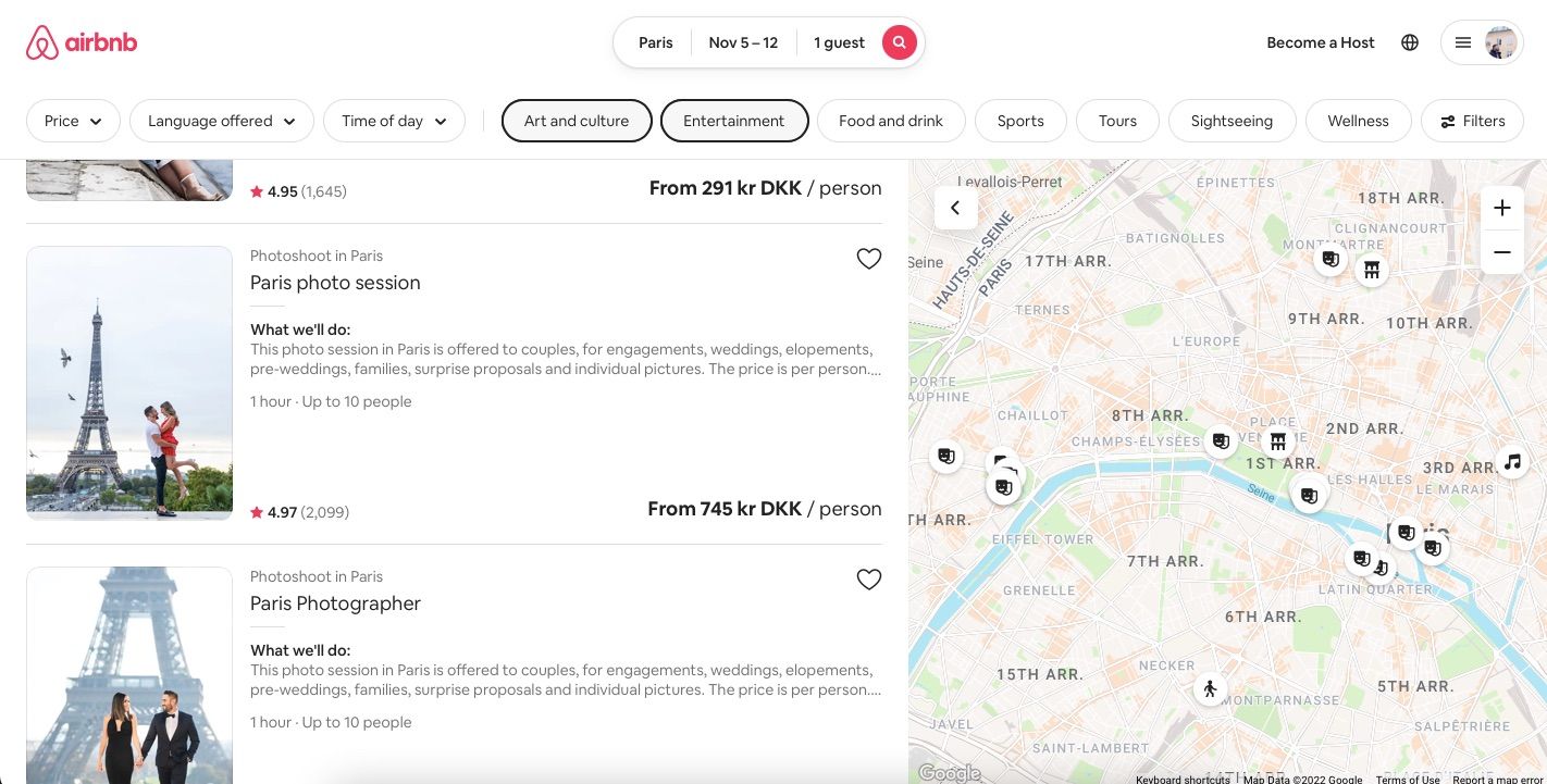 screenshot showing various experiences in airbnb