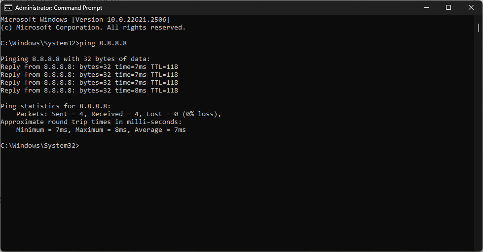 Результат выполнения ping