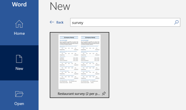 Поиск шаблона опроса в Word — поле поиска шаблонов.
