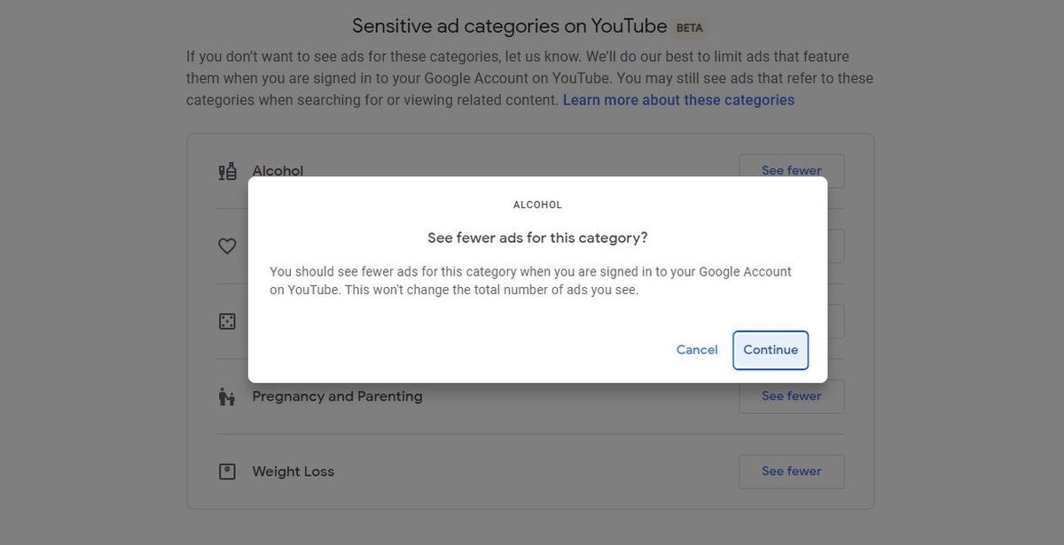 Подтверждение уменьшения показов чувствительной рекламы в аккаунте Google