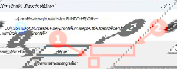 Подтверждение слияния профилей в Transwiz с отмеченной опцией Overwrite existing files