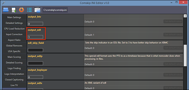 Включение output_edl в ComskipINIEditor
