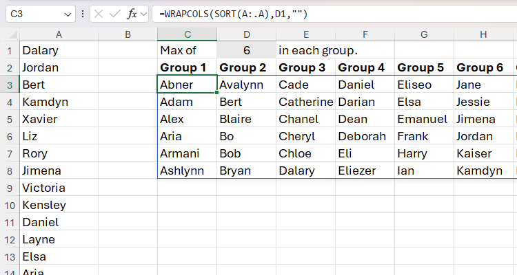 SORT を WRAPCOLS にネストしてアルファベット順に並べているスクリーンショット