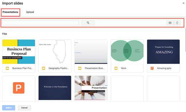 Вкладка Презентации в Google Slides с списком недавних файлов.