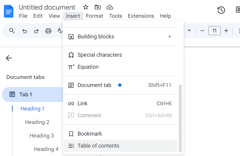 Вставка оглавления в Google Docs
