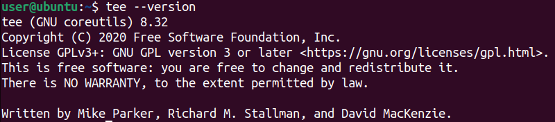 Вывод версии команды tee в терминале.
