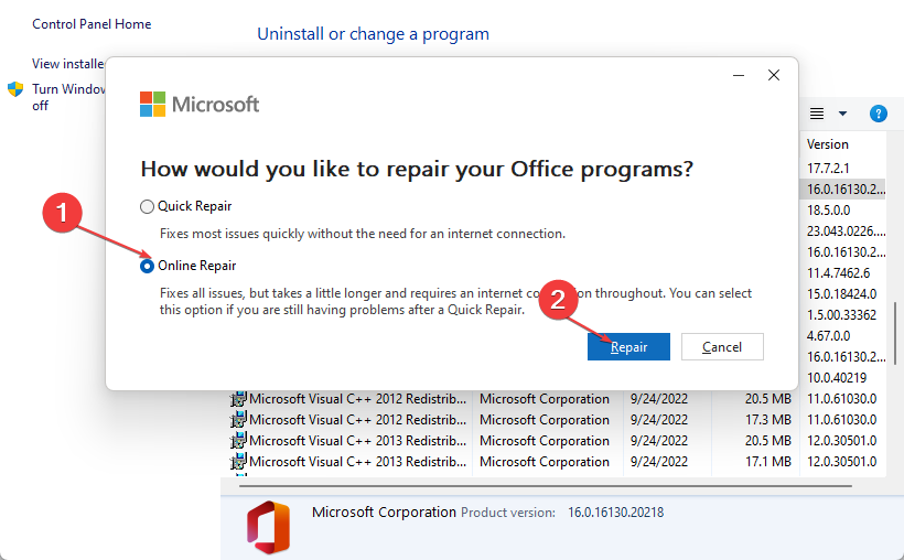 Кнопка 'Онлайн-ремонт' для Office