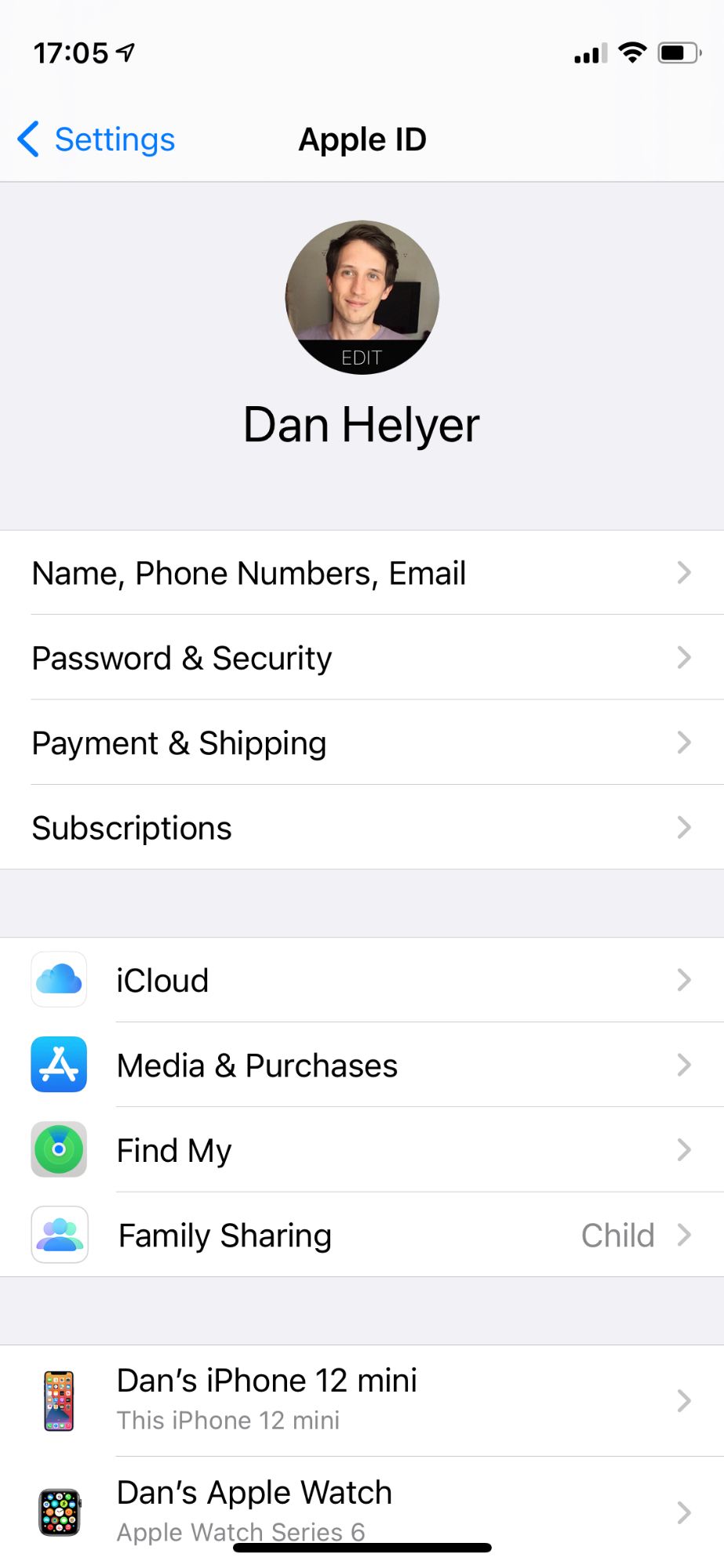Apple ID settings on iPhone