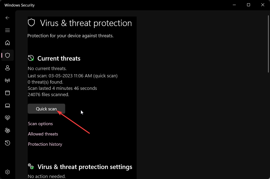 Кнопка «Быстрая проверка» в Windows Security