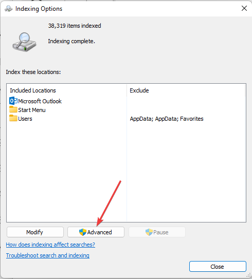 Параметры индекса