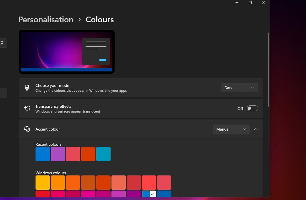 Опции выбранных цветов и акцентов