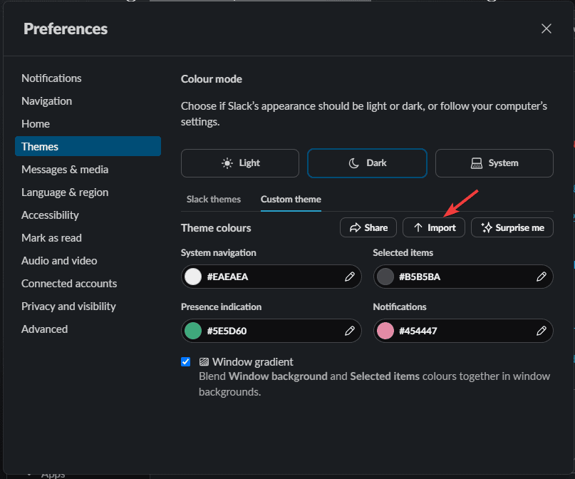 Кнопка Import - импорт строки темы