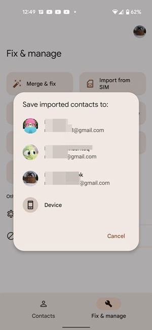 Выбор места сохранения импортируемых контактов на Android