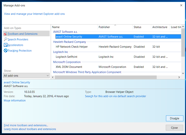 Кнопка 'Отключить' в окне управления дополнениями Internet Explorer
