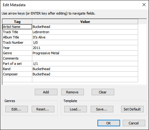 Окно редактирования метаданных при экспорте в Audacity