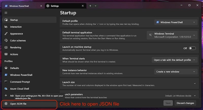 открыть json настройки Terminal