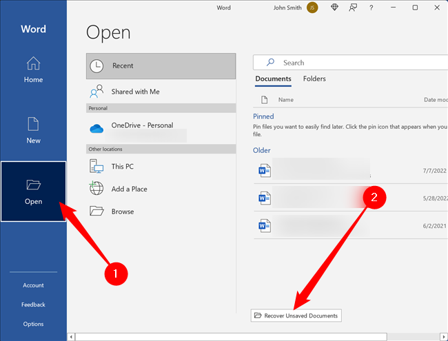 Нажмите «Открыть», затем «Восстановить несохранённые документы».