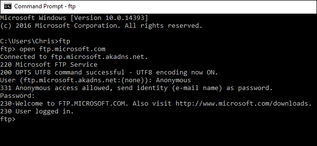 Окно командной строки с ftp