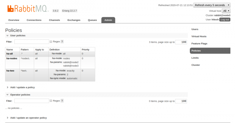 Экран политик RabbitMQ