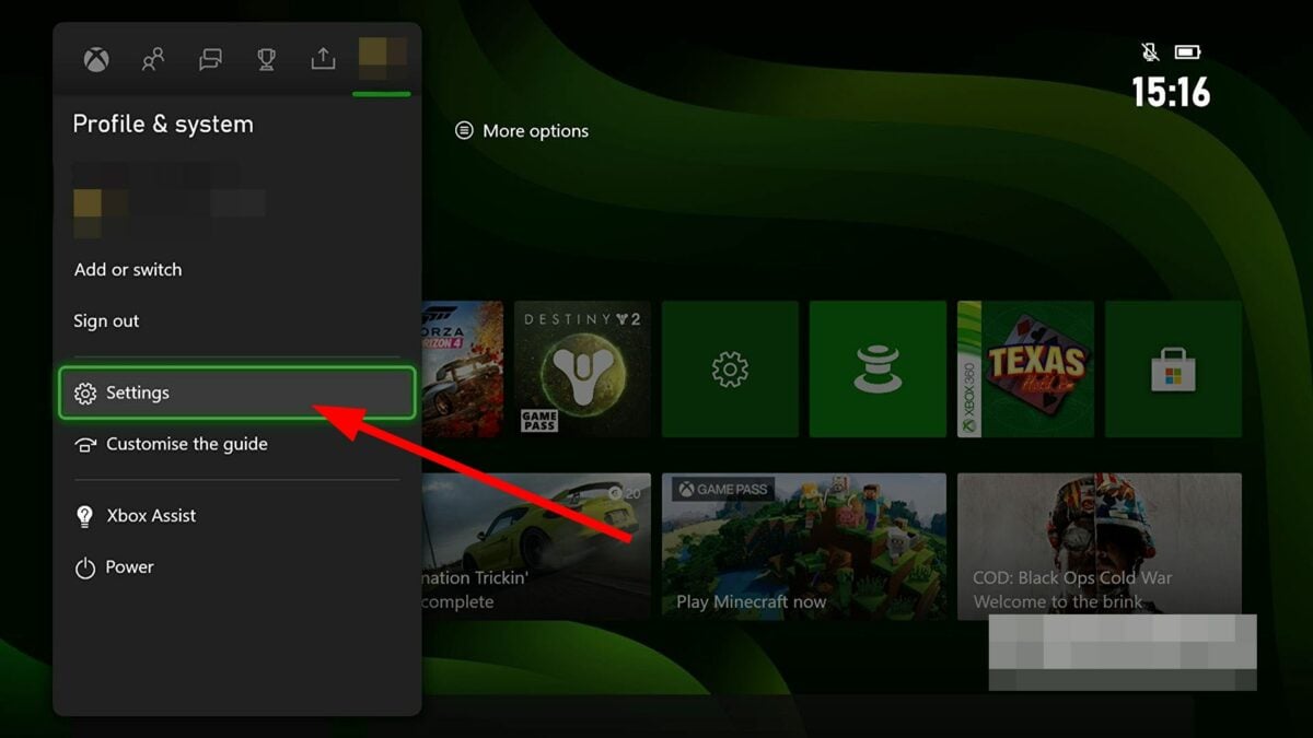 Экран настроек Xbox