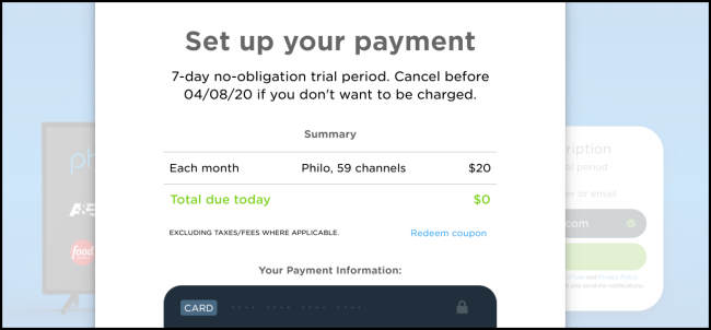 Форма оплаты Philo — ввод данных карты