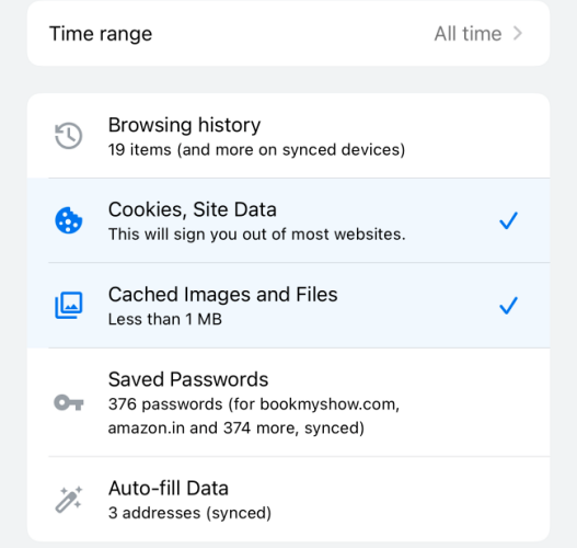 Выбор временного диапазона и элементов для удаления в Chrome