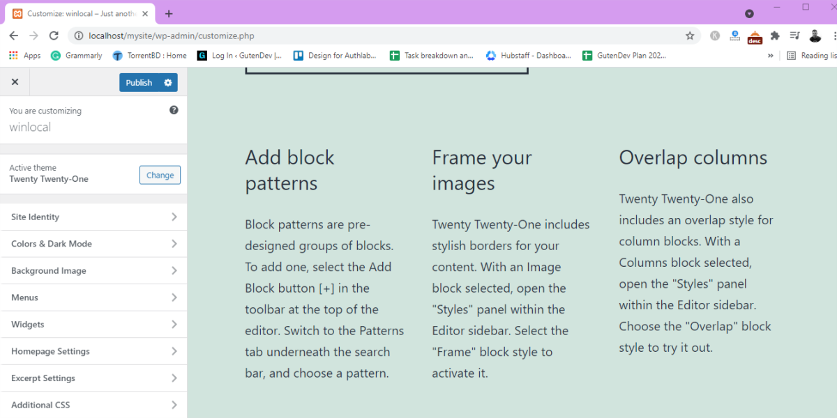 Меню кастомизации WordPress на локальном сайте