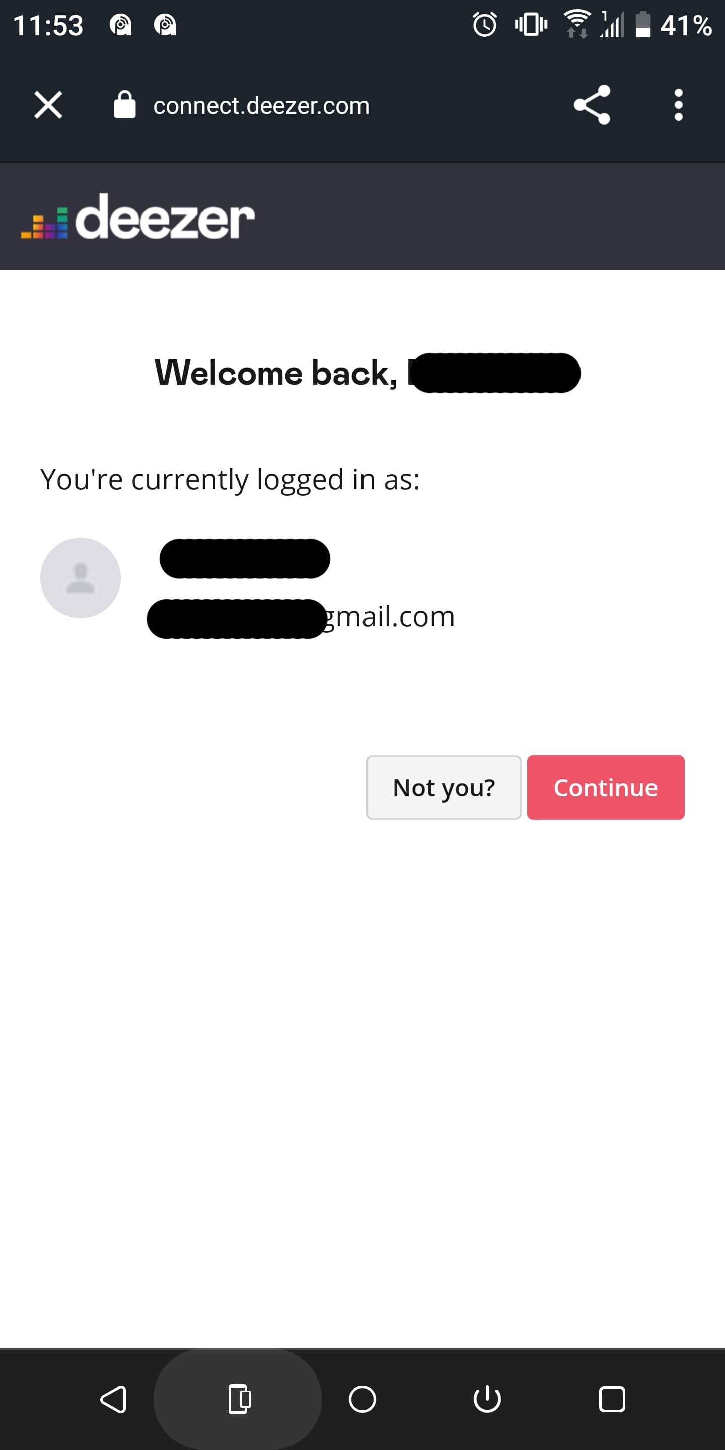 Окно входа Deezer в приложении Alexa