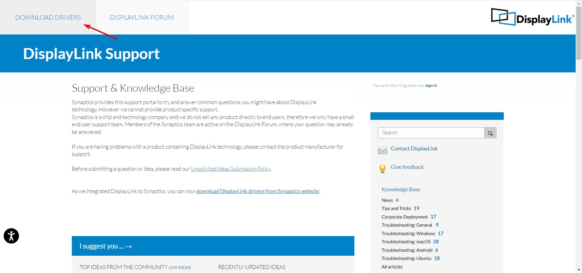 Страница загрузки драйверов DisplayLink